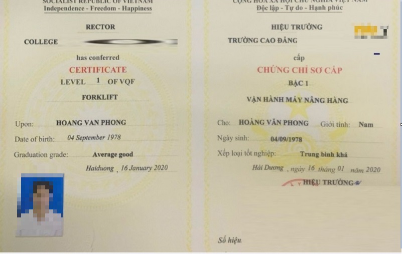 Mẫu chứng chỉ xe nâng phổ biến hiện nay